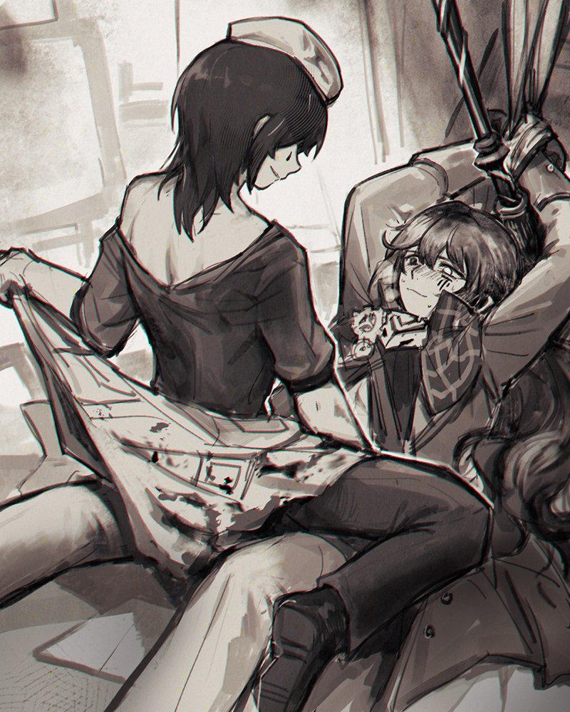 beret, black_pants, black_shoes, blood, blood_on_clothes, bound, bound_wrists, capelet