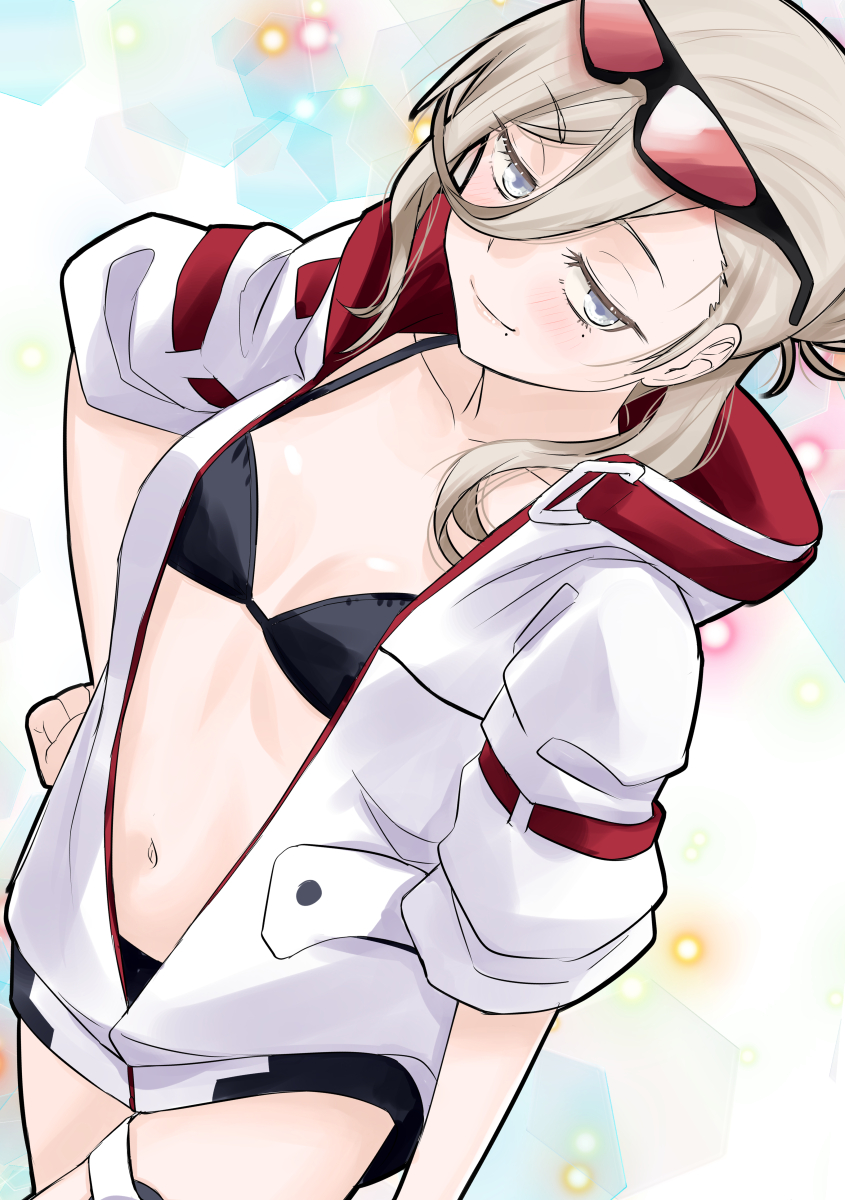 1girl, bikini, black_bikini, blonde_hair, breasts, commentary_request, cowboy_shot, eyewear_on_head