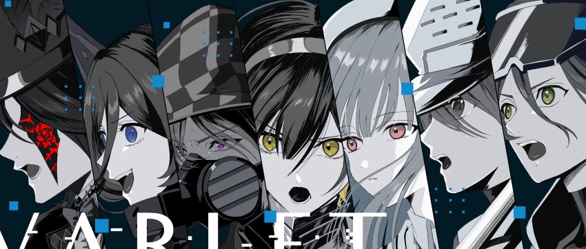 absurdres, arisaka_aruka, copyright_name, everyone, gas_mask, hat, hatsuse_noa, highres