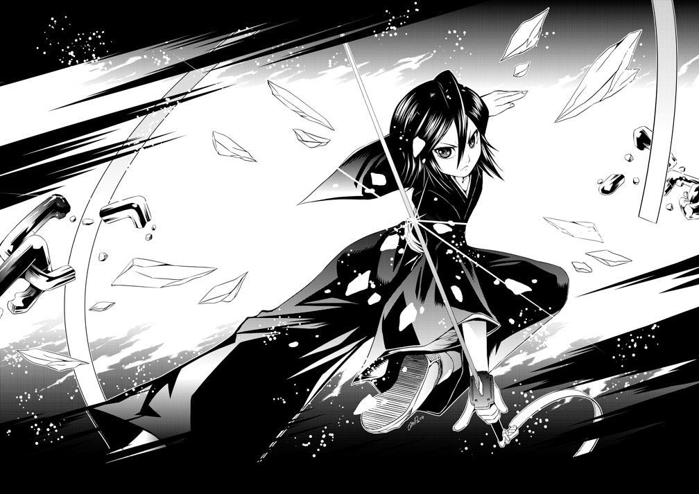 1girl, black_hair, bleach, comipa, female_focus, gradient_background, kuchiki_rukia, monochrome