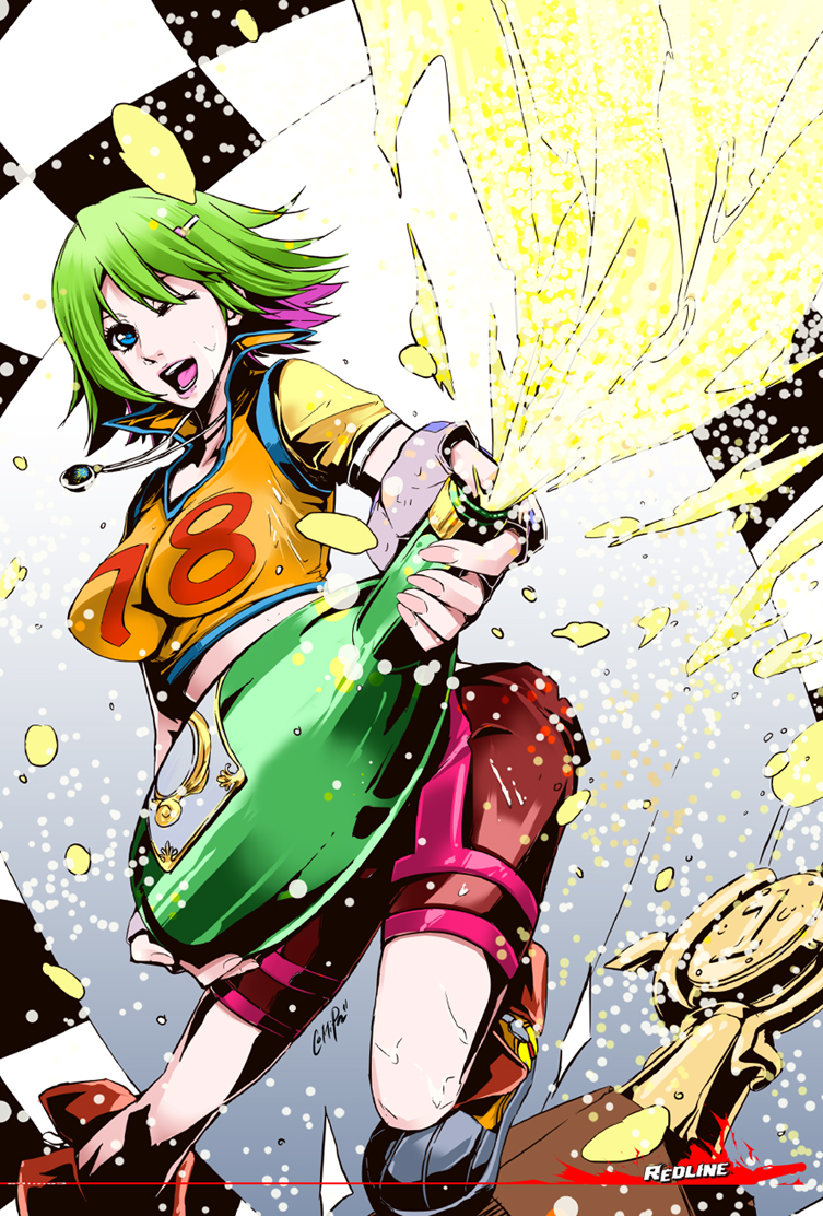 1girl, alcohol, bottle, comipa, copyright_name, multicolored_hair, redline, smile