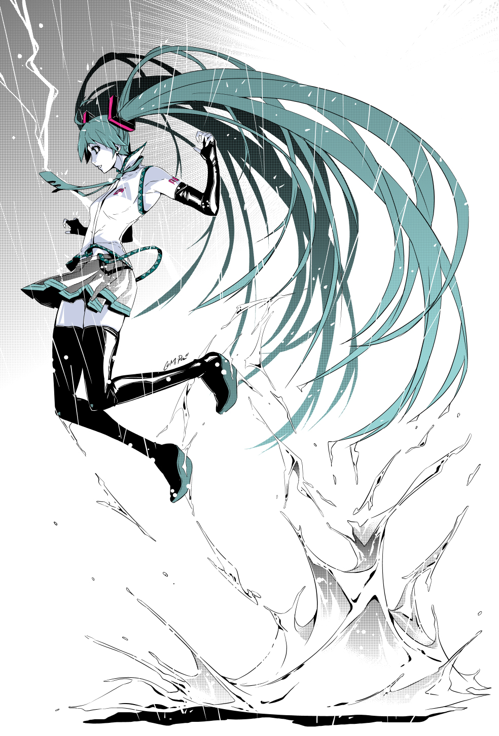 1girl, comipa, female_focus, full_body, gradient_background, grey_background, hatsune_miku, highres
