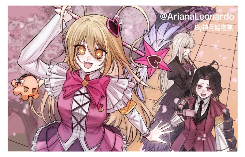 +_+, 3girls, alternate_costume, arianaleonardo, armband, black_hair, black_necktie, blonde_hair