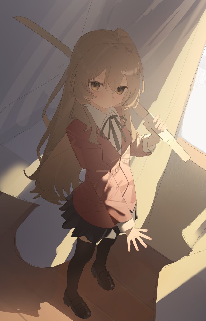 1girl, absurdres, aisaka_taiga, ar2a, black_shoes, black_skirt, black_thighhighs, blazer, brown_eyes, brown_hair, collared_shirt, curtains, frown, highres, holding, holding_sword, holding_weapon, jacket, long_hair, looking_at_viewer, mary_janes, pleated_skirt, red_jacket, shirt, shoes, skirt, solo, standing, sunlight, sword, thighhighs, toradora!, weapon, window, wooden_floor, wooden_sword