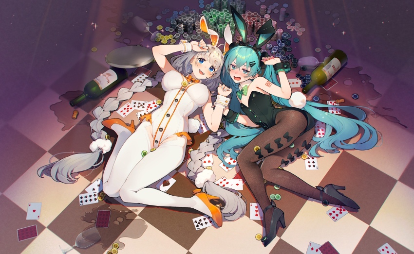 3girls, ahoge, alcohol, alternate_tattoo, animal_ear_hairband, animal_ears, aqua_hair, aqua_nails, arm_tattoo, black_bow, black_hairband, black_leotard, black_pantyhose, black_shoes, black_wrist_cuffs, blush, bottle, bow, bow_legwear, braid, breasts, bunny_day, card, checkered_floor, clothing_cutout, commentary_request, crotch_cutout, cup, drinking_glass, fake_animal_ears, fake_tail, frilled_leotard, frills, glass_bottle, groin, hair_ornament, hair_scrunchie, hairband, hairclip, hatsune_miku, high_heels, highres, impossible_clothes, impossible_leotard, kizuna_akari, knees_together_feet_apart, large_breasts, leotard, long_hair, lying, multiple_girls, nail_polish, number_tattoo, on_back, on_side, open_mouth, orange_shoes, pantyhose, playboy_bunny, playing_card, poker_chip, rabbit_ears, rabbit_tail, red_wine, scrunchie, shirinda_fureiru, shoes, small_breasts, spilled_drink, strappy_heels, tail, tattoo, tray, twin_braids, twintails, very_long_hair, vocaloid, voiceroid, wavy_hair, white_hair, white_hairband, white_leotard, white_pantyhose, white_scrunchie, white_wrist_cuffs, wine, wine_bottle, wine_glass, wrist_cuffs