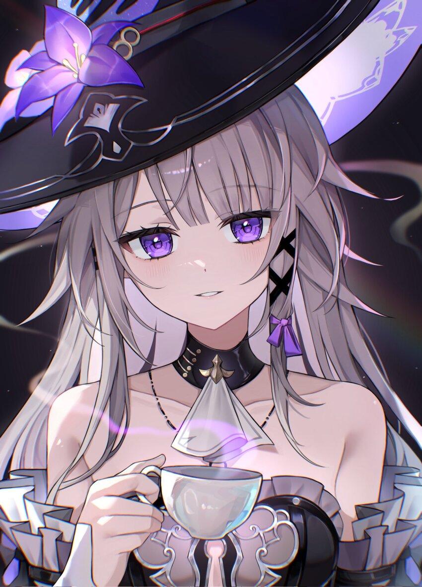 1girl, ascot, bare_shoulders, black_background, black_choker, black_dress, black_hat, blush