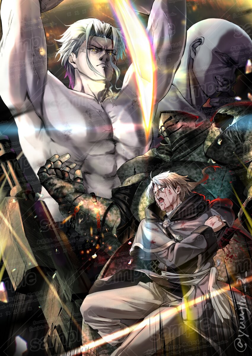 3boys, absurdres, armor, bare_pectorals, bleeding, blood, highres, hitogami, hitogami_(mushoku_tensei), holding, holding_sword, holding_weapon, amputee, multiple_boys, mushoku_tensei, orsted_(mushoku_tensei), pectorals, rudeus_greyrat, screaming, shoulder_armor, smile, sword, weapon, yujin_(kanouyuuto-0423)