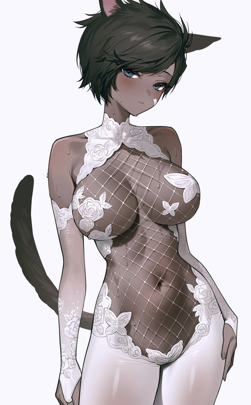 1girl, absurdres, animal_ears, bare_shoulders, black_hair, blue_eyes, blush, bodystocking, breasts, bridal_gauntlets, cat_ears, cat_tail, closed_mouth, commentary_request, cowboy_shot, dark-skinned_female, dark_skin, fishnet_bodystocking, fishnets, fymrie, halterneck, highres, large_breasts, looking_at_viewer, navel, original, short_hair, simple_background, sleeveless_bodystocking, solo, standing, sweat, tail, white_background, white_bodystocking, white_bridal_gauntlets