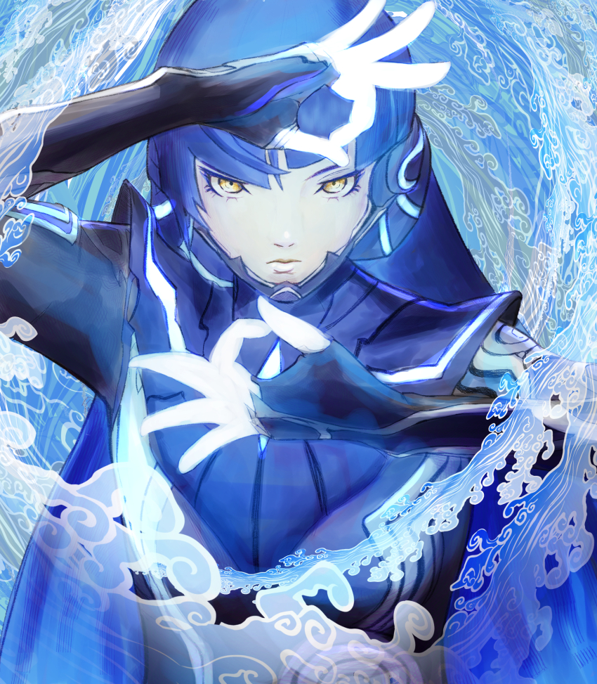 1boy, blue_bodysuit, blue_hair, bodysuit, commentary_request, highres, long_hair, looking_at_viewer