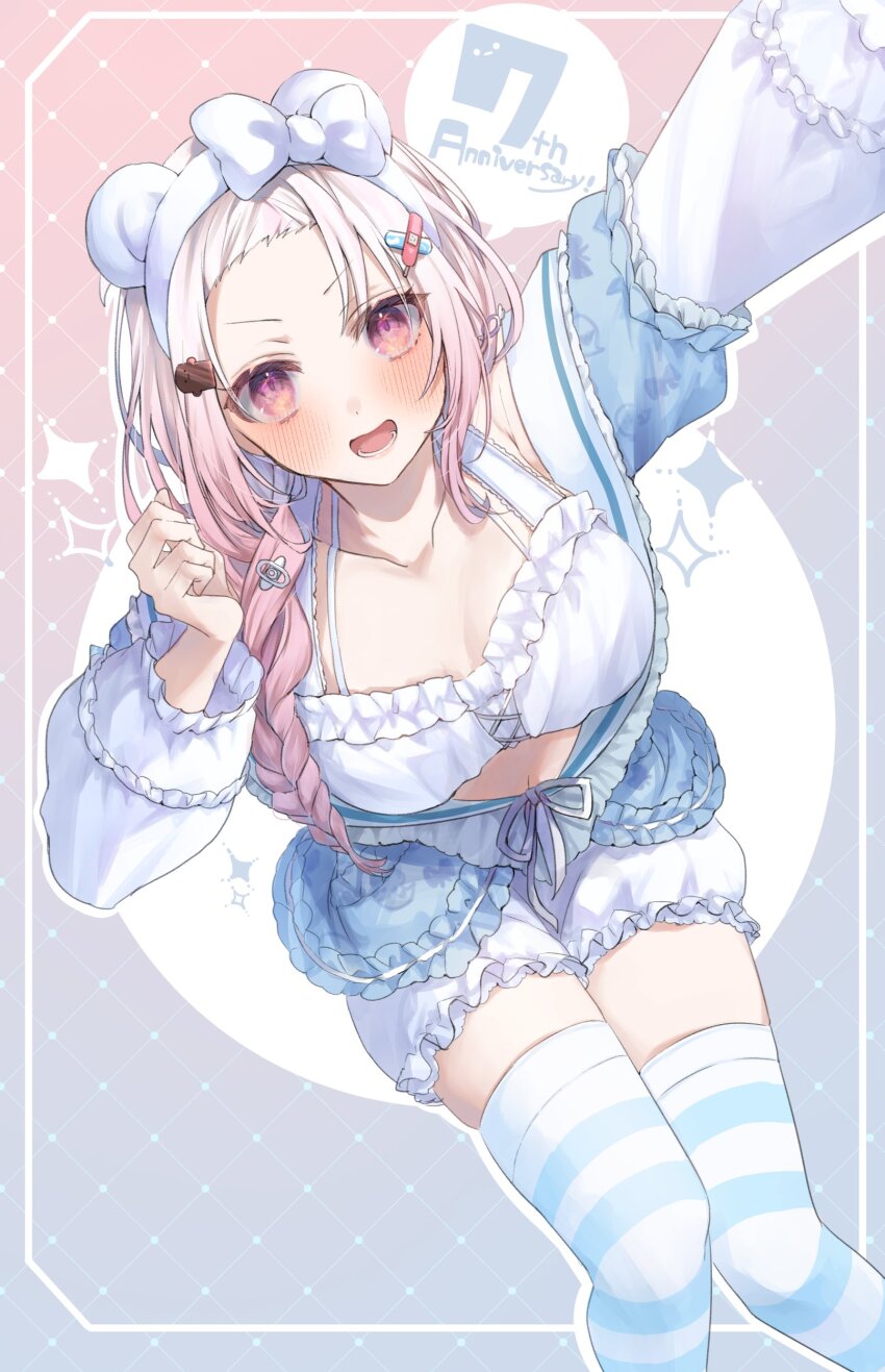 1girl, absurdres, animal_ear_hairband, animal_ears, bandaid, bandaid_hair_ornament, bangs_pinned_back, blue_pajamas