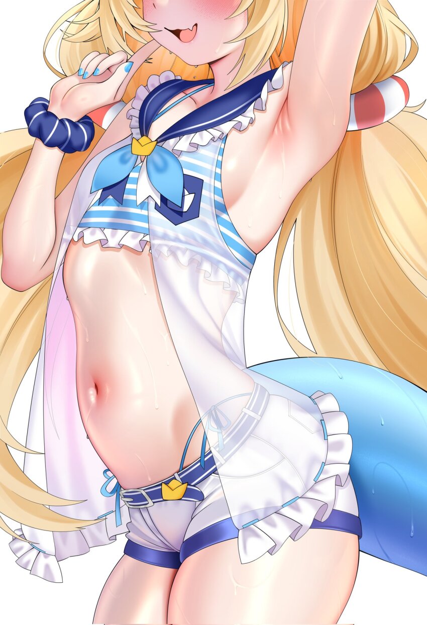 1girl, arm_up, armpit_focus, armpits, bikini, blonde_hair, blue_nails, blush, breasts, capycapy, fins, fish_tail, frills, highres, indie_virtual_youtuber, long_hair, low_twintails, nail_polish, navel, open_mouth, presenting_armpit, sailor_collar, sameko_saba, scrunchie, short_shorts, shorts, simple_background, skindentation, small_breasts, smile, solo, stomach, string_bikini, swimsuit, tail, twintails, very_long_hair, virtual_youtuber, white_background, wrist_scrunchie