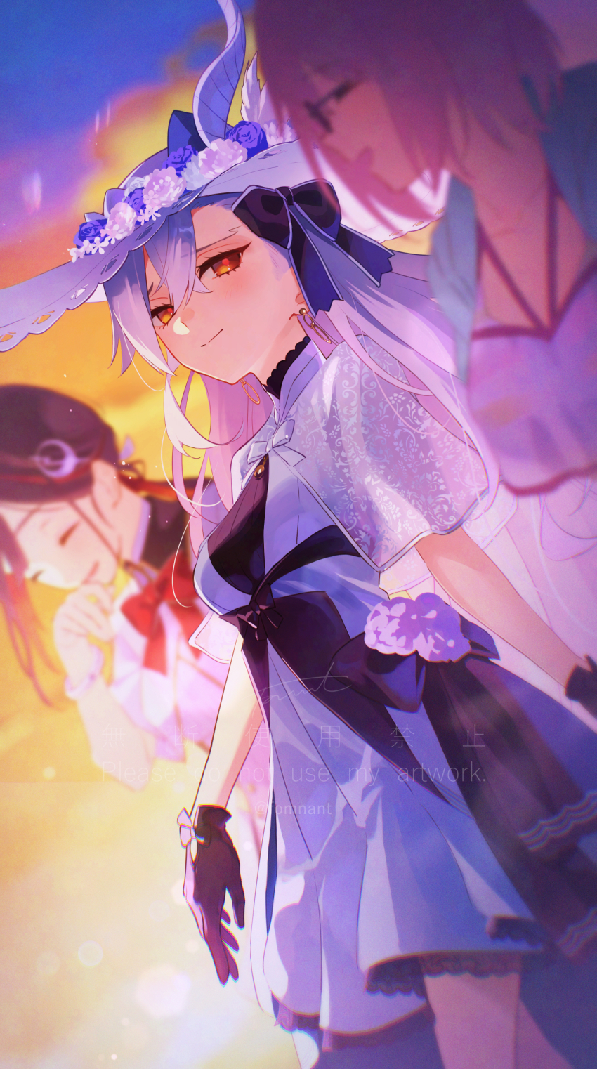 3girls, absurdres, asymmetrical_bangs, bare_shoulders, bikini, black_dress, black_gloves, black_hair