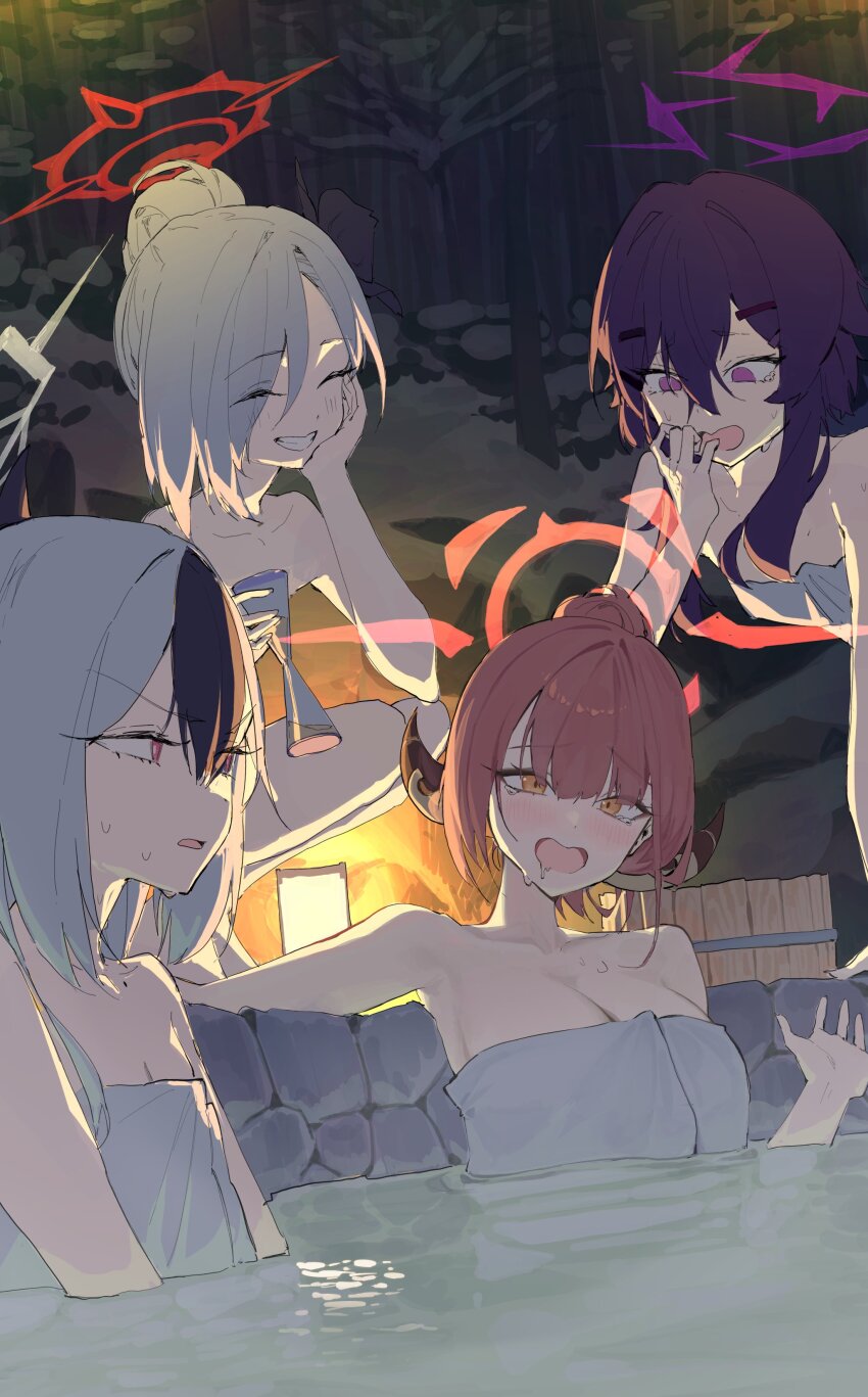 4girls, absurdres, alternate_hairstyle, aru_(blue_archive), bathing, black_hair, blue_archive, breasts