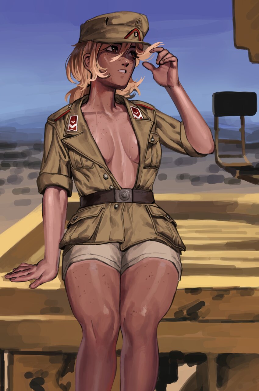 1girl, absurdres, blonde_hair, blue_sky, body_freckles, breasts, breasts_apart, brown_eyes, brown_hat, brown_shirt, brown_shorts, collarbone, commentary, english_commentary, freckles, h0nesth0ney, hat, highres, long_hair, military_uniform, open_mouth, original, outdoors, partially_unbuttoned, shirt, short_shorts, shorts, sitting, sky, sleeves_rolled_up, solo, sweat, tan, white_mouth