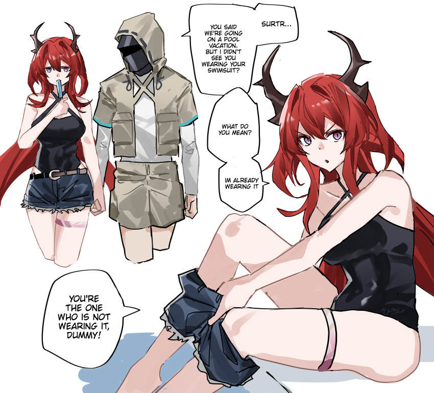 1girl, 1other, absurdres, alternate_costume, ambiguous_gender, arknights, bare_arms, bare_shoulders