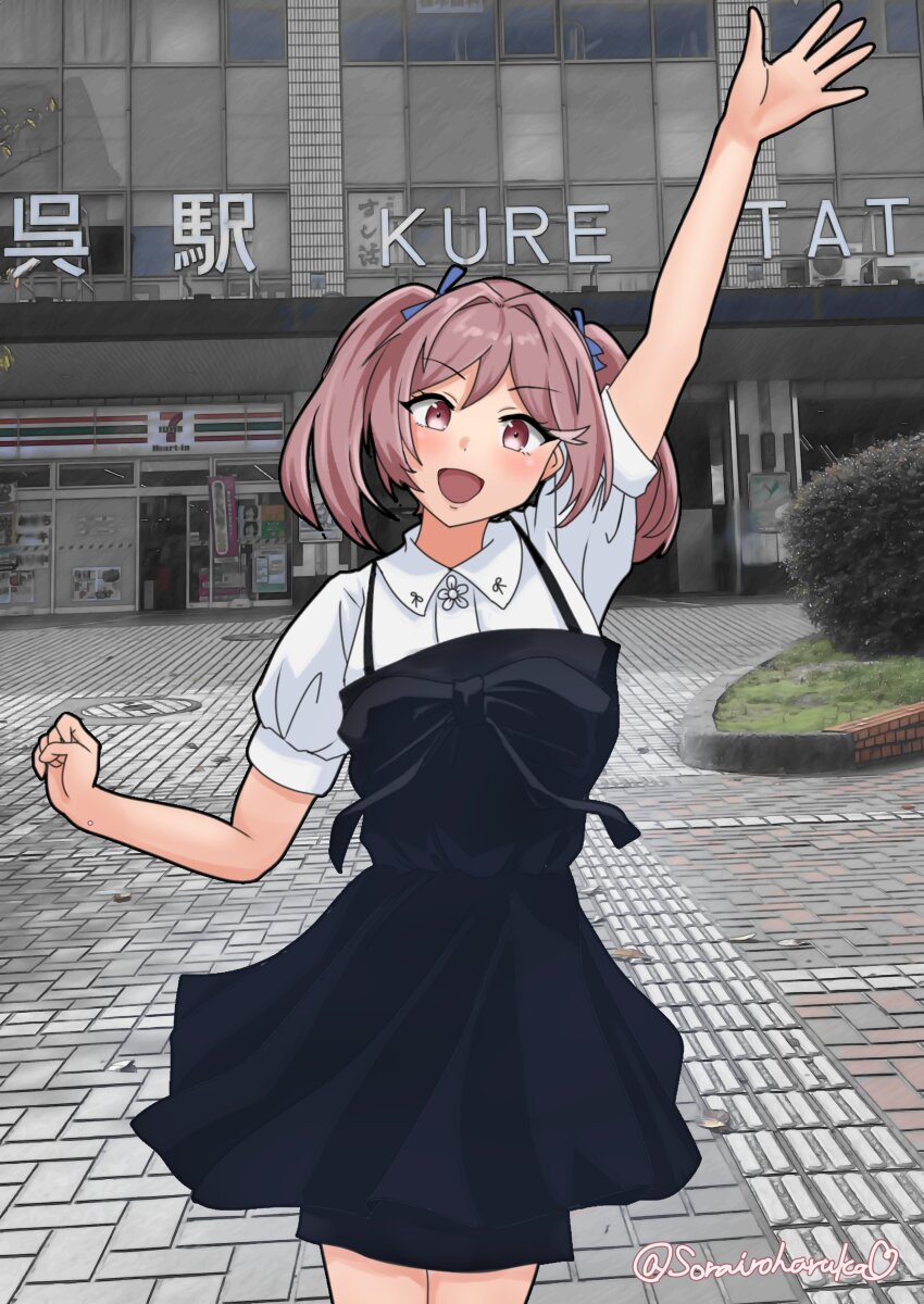 1girl, absurdres, black_dress, breasts, collared_shirt, commentary_request, dress, dress_shirt