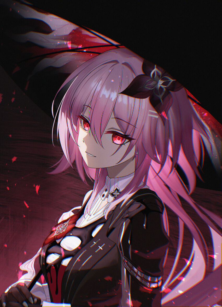 1girl, absurdres, black_dress, black_flower, black_gloves, black_umbrella, breasts, chromatic_aberration, dress, evernight_(honkai:_star_rail), film_grain, flower, gloves, hair_flower, hair_ornament, highres, honkai:_star_rail, honkai_(series), iricci, long_hair, looking_at_viewer, march_7th_(honkai:_star_rail), medium_breasts, parted_lips, pink_hair, red_eyes, shirt, sideways_glance, solo, umbrella, umbrella_over_shoulder, upper_body, white_shirt