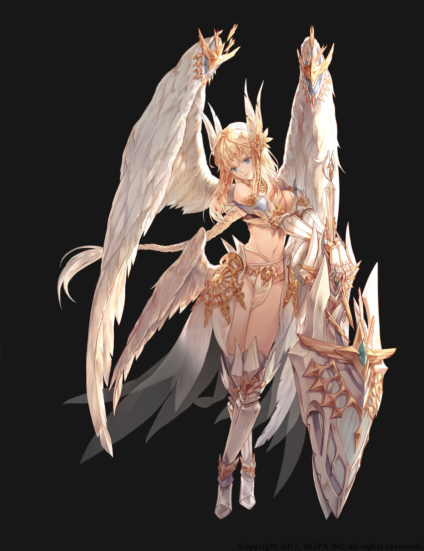 1girl, absurdres, angel, arm_armor, armor, armored_boots, aselica_(king's_raid), black_background