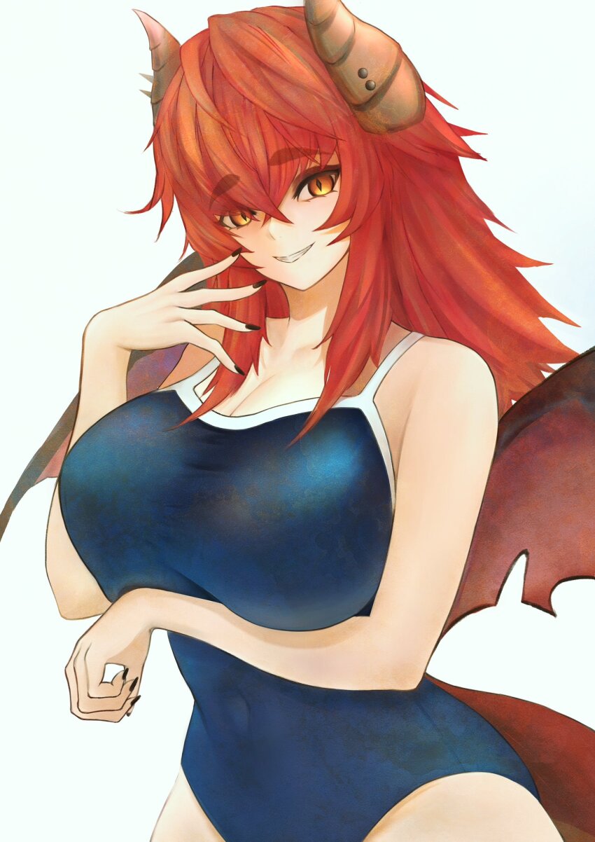 bikini, black_nails, blue_bikini, breast_rest, breasts, cleavage, dragon_girl, dragon_horns