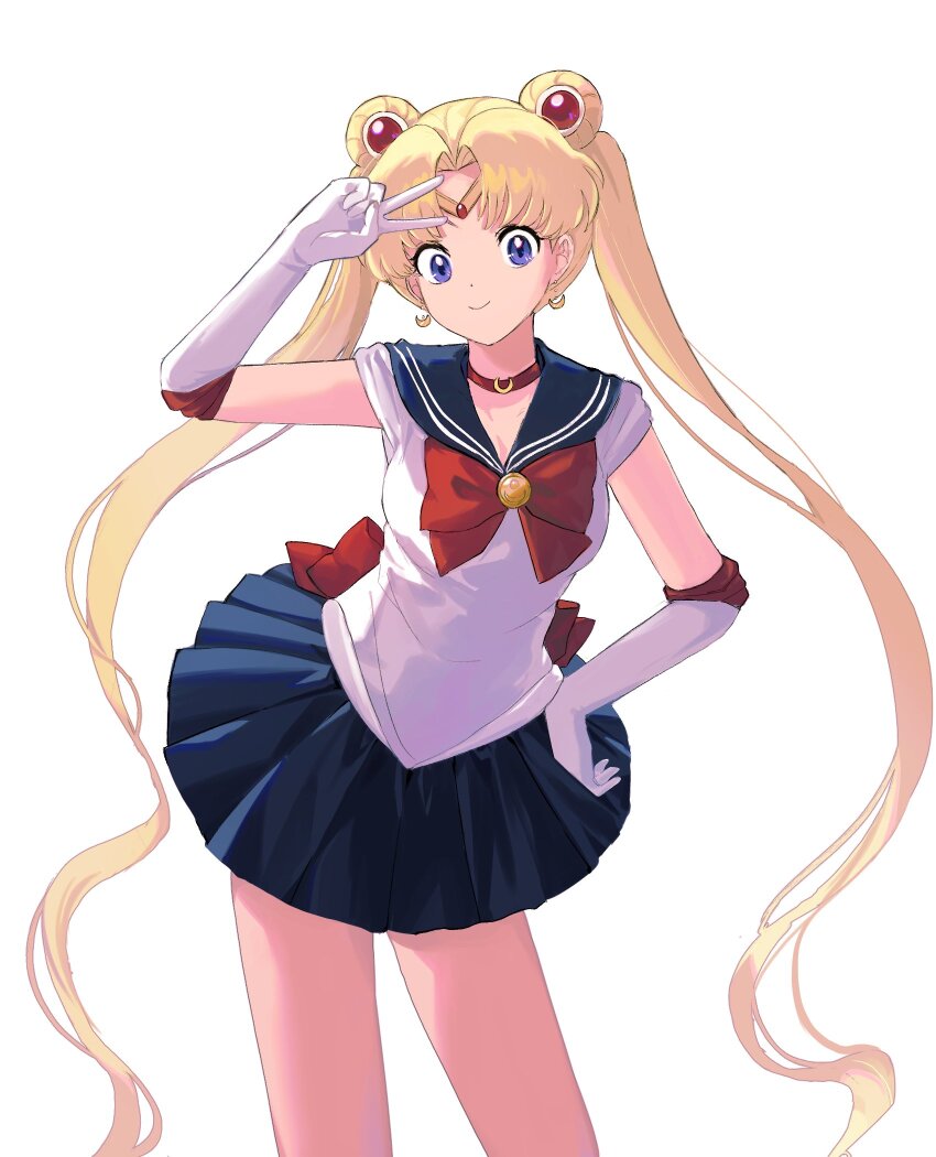 1girl, 88_77k, back_bow, bishoujo_senshi_sailor_moon, blonde_hair, blue_sailor_collar, blue_skirt, bow, bowtie, choker, circlet, crescent, crescent_choker, crescent_earrings, double_bun, earrings, elbow_gloves, gloves, hair_bun, hand_on_own_hip, hashtag-only_commentary, highres, jewelry, long_hair, looking_at_viewer, magical_girl, pleated_skirt, purple_eyes, red_bow, red_bowtie, red_choker, sailor_collar, sailor_moon, sailor_senshi, sailor_senshi_uniform, simple_background, skirt, smile, solo, tsukino_usagi, twintails, v, white_background, white_gloves