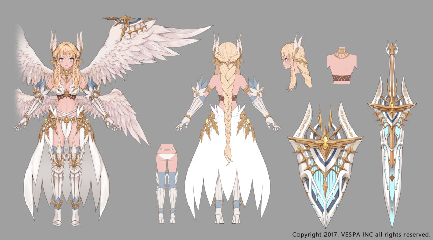 1girl, arm_armor, armor, armored_boots, aselica_(king's_raid), blonde_hair, blue_eyes, boots