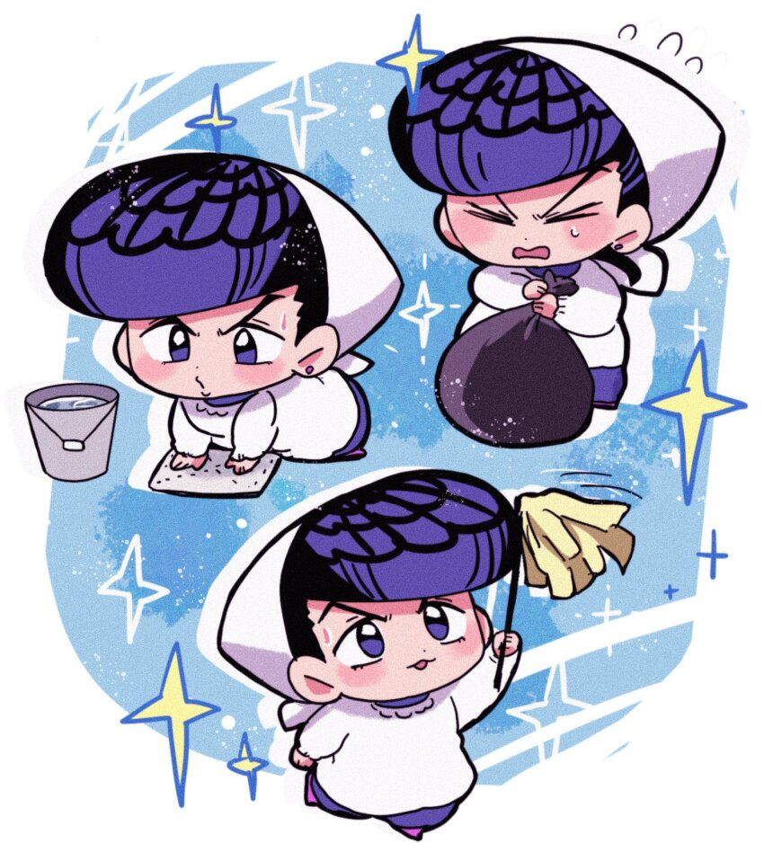1boy, :3, all_fours, blush_stickers, bucket, chibi, cleaning, cleaning_rag