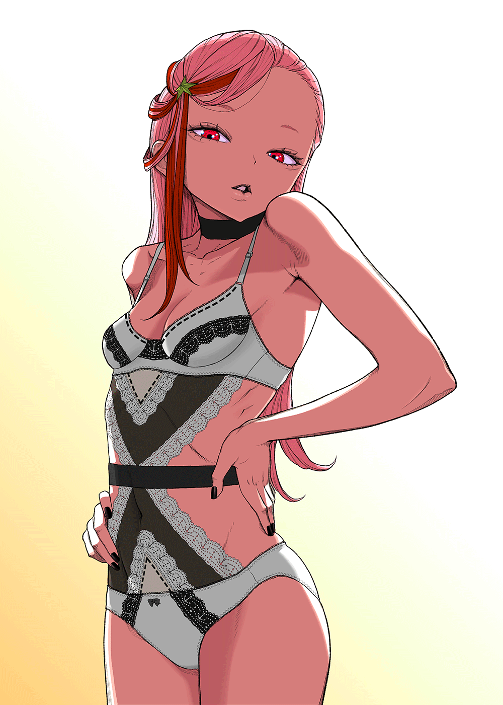 1girl, black_nails, bra, breasts, choker, commentary_request, gradient_background, highres