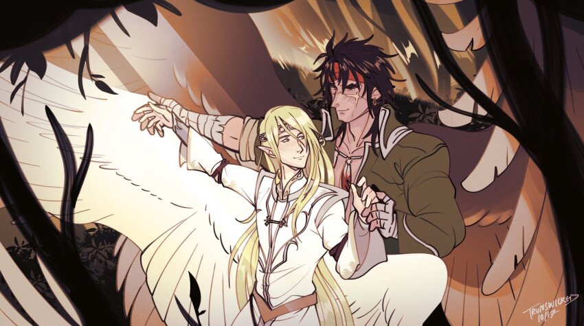 2boys, black_hair, blonde_hair, commentary, dancing, english_commentary, feathered_wings, fire_emblem