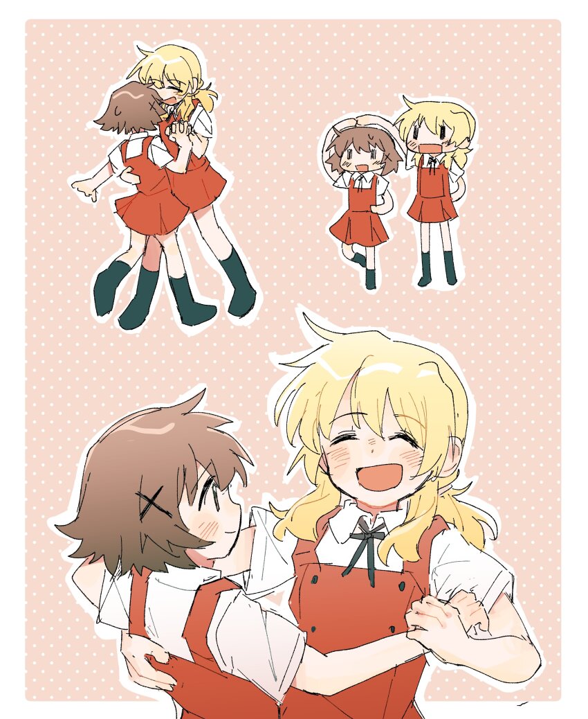 2girls, ^_^, absurdres, blonde_hair, brown_hair, closed_eyes, dancing, hair_ornament, hashtag-only_commentary, hidamari_sketch, highres, holding_hands, long_hair, miyako_(hidamari_sketch), multiple_girls, multiple_views, open_mouth, outline, polka_dot, polka_dot_background, red_skirt, school_uniform, shirt, short_hair, skirt, u_yufei, white_outline, white_shirt, x_hair_ornament, yamabuki_high_school_uniform, yuno_(hidamari_sketch), |_|