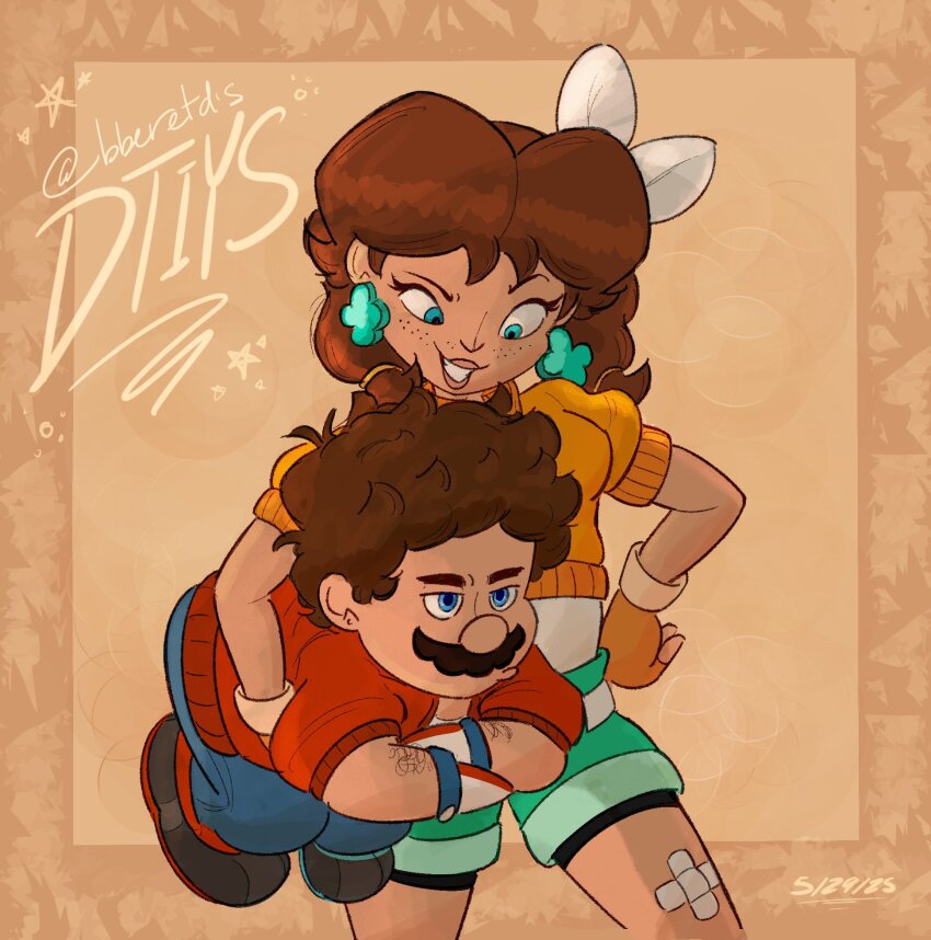 1boy, 1girl, annoyed, artist_name, bandaid, blue_eyes, breasts, brown_hair