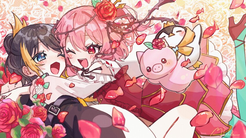 2girls, absurdres, bird, black_hair, blue_eyes, bow, dress, falling_petals