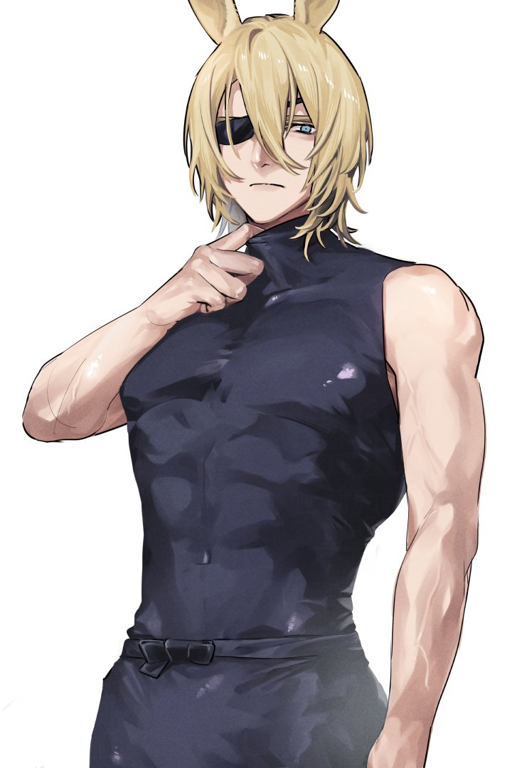 1boy, alternate_costume, animal_ears, bare_shoulders, belt, black_belt, black_pants, black_shirt