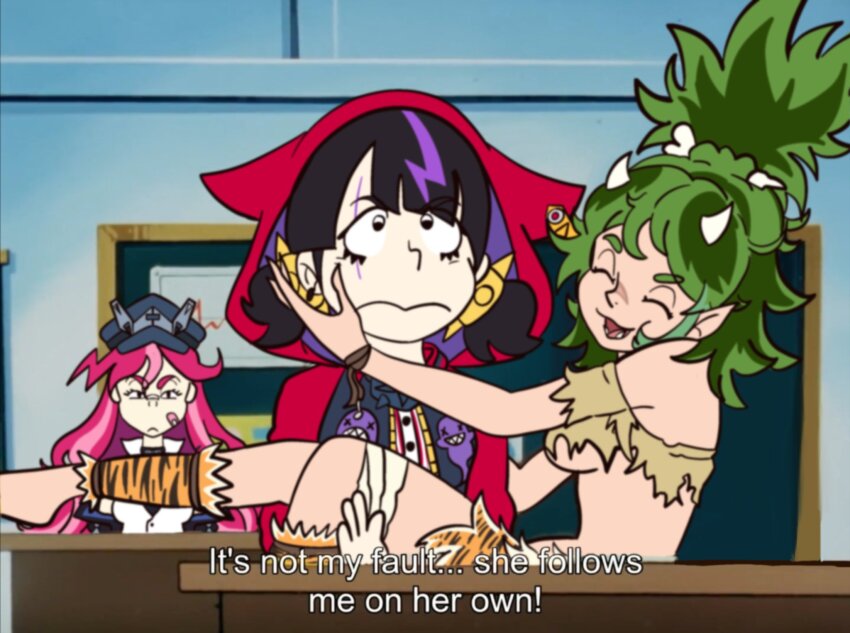 1980s_(style), 3:, 3girls, :<, animal_print, bandaged_leg, bandages, bandaid