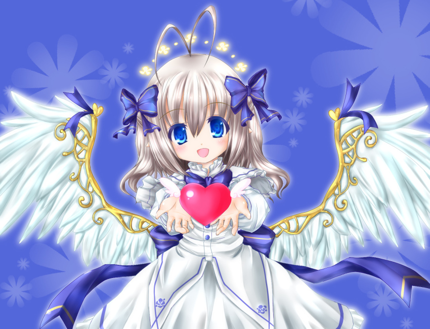 1girl, angel_feather_alma, antenna_hair, blue_background, blue_eyes, blue_ribbon, capelet, dress, emil_chronicle_online, frilled_capelet, frills, halo, heart, highres, holding, holding_heart, looking_at_viewer, neck_ribbon, open_mouth, peacefeel, reaching, reaching_towards_viewer, ribbon, smile, solo, white_capelet, white_dress, white_hair, white_wings, wing_ornament, wings