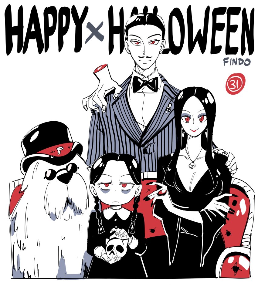 1boy, 2girls, absurdres, the_addams_family, animal, anya_(spy_x_family), bond_(spy_x_family), bow