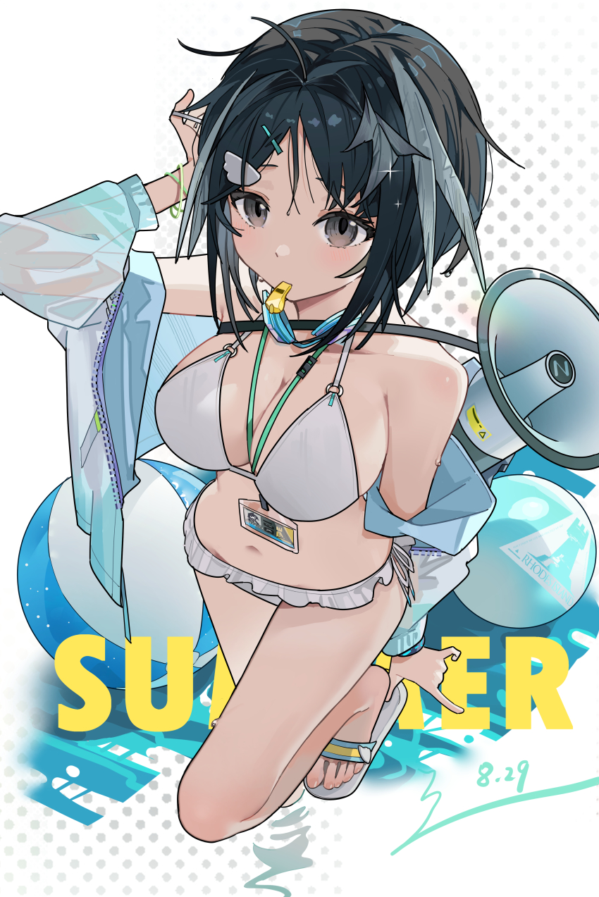 1girl, absurdres, arknights, arm_up, ball, beachball, bikini, black_eyes