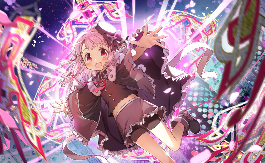 1girl, artist_request, bare_legs, beads, beret, black_boots, black_bow, black_cloak