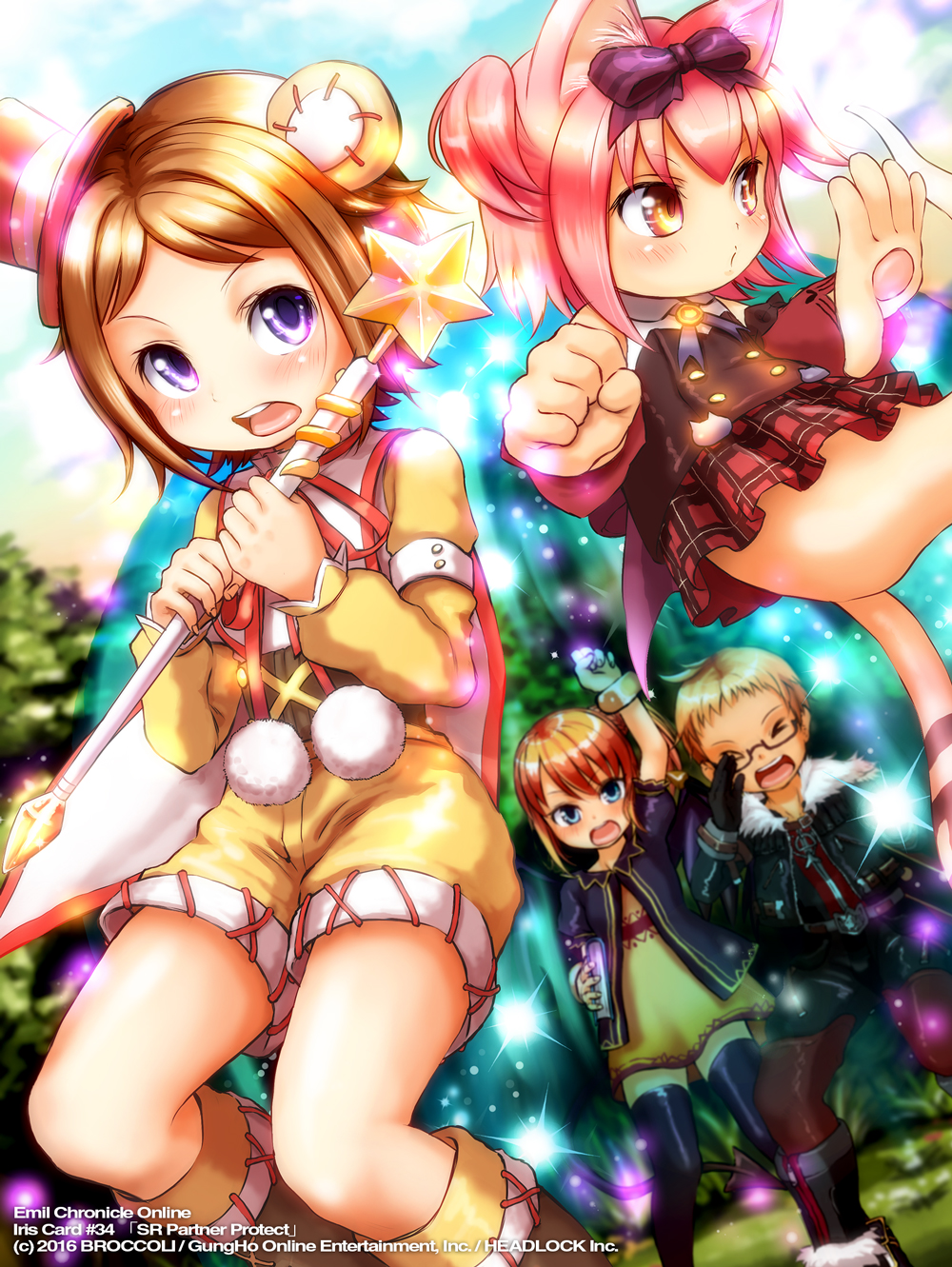 1boy, 3girls, animal_ears, animal_hands, arm_up, bear_ears, bear_girl, black_jacket