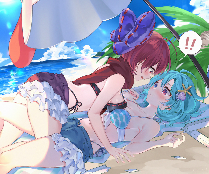 !, !!, 2girls, absurdres, beach, bikini, bikini_bottom_under_shorts, bikini_under_clothes
