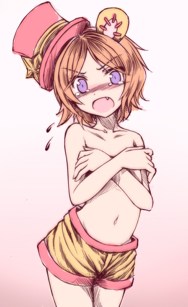 1girl, animal_ears, bear_ears, bear_girl, blush, brown_hair, covering_breasts, covering_privates