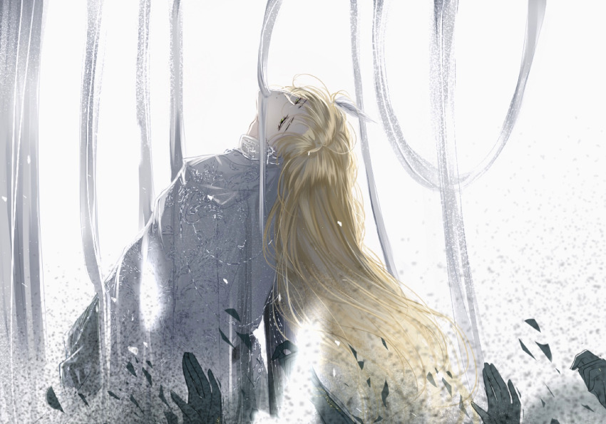 1boy, alkaid_mcgrath, alkaid_mcgrath_(god_forsaken_land), arched_back, blonde_hair, closed_mouth, expressionless, feather_hair_ornament, feathers, from_behind, green_eyes, hair_between_eyes, hair_ornament, half-closed_eyes, long_hair, long_sleeves, looking_at_viewer, looking_back, lovebrush_chronicles, male_focus, mouth_hold, reaching, reaching_towards_another, ribbon, ribbon_in_mouth, robe, shadow_hands, shards, simple_background, solo, upper_body, very_long_hair, white_background, white_ribbon, white_robe, wo_shi_baitao_zong