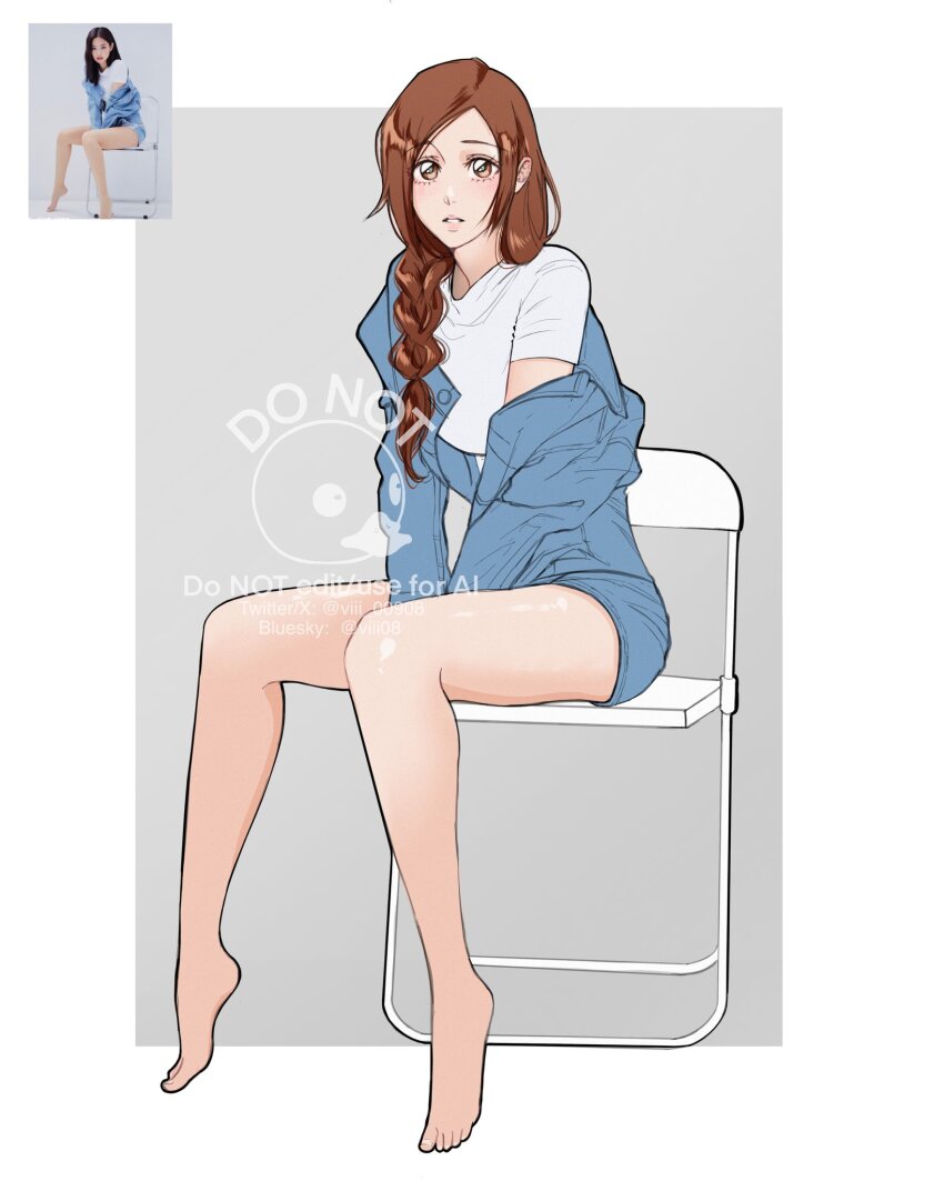 1girl, barefoot, bleach, blue_jacket, breasts, brown_eyes, chair, female_focus