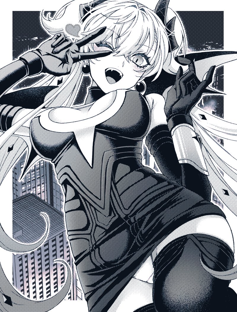 1girl, bat_wings, cityscape, demon_horns, dress, earrings, fangs, fate/grand_order