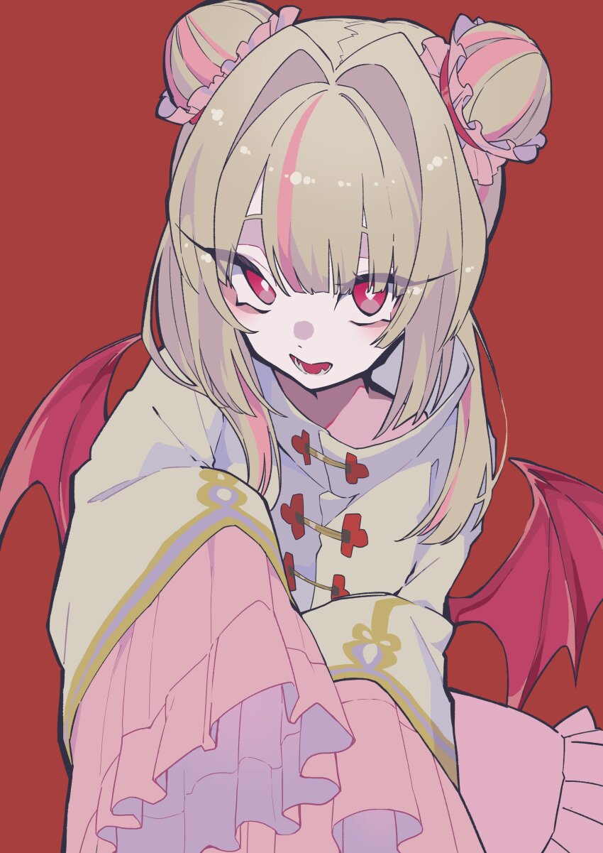 1girl, absurdres, blunt_bangs, chinese_clothes, colored_inner_hair, demon_wings, double_bun, frilled_sleeves, frills, ghost_pose, grey_hair, hair_bun, hair_intakes, hair_over_shoulder, highres, jacket, long_hair, long_sleeves, looking_at_viewer, low_wings, makaino_ririmu, multicolored_hair, nijisanji, official_alternate_costume, official_alternate_hairstyle, open_mouth, pink_frills, pink_hair, pointy_ears, red_background, red_eyes, red_wings, riuriu_uoxou, sidelocks, simple_background, sleeves_past_fingers, sleeves_past_wrists, solo, streaked_hair, upper_body, upturned_eyes, virtual_youtuber, white_jacket, wings