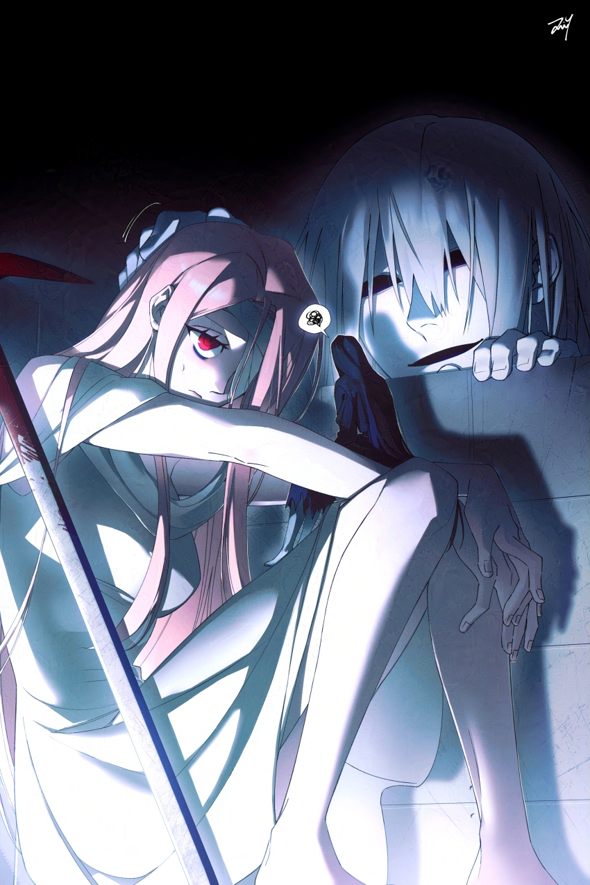 1girl, 2boys, absurdres, adashino_adami, bandage_over_one_eye, bbabbamis2, commentary, crowbar