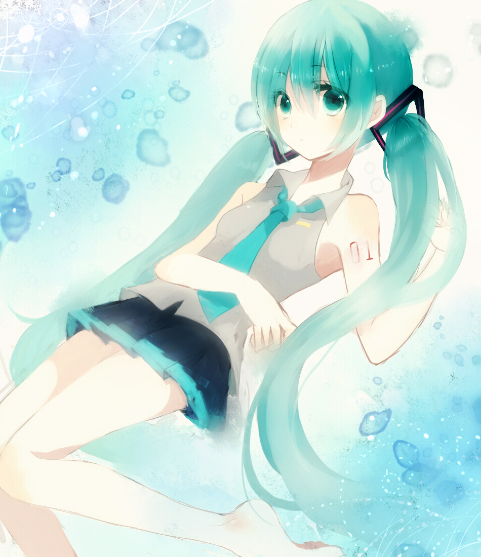1girl, aqua_eyes, aqua_hair, bare_shoulders, barefoot, female_focus, green_eyes, green_hair