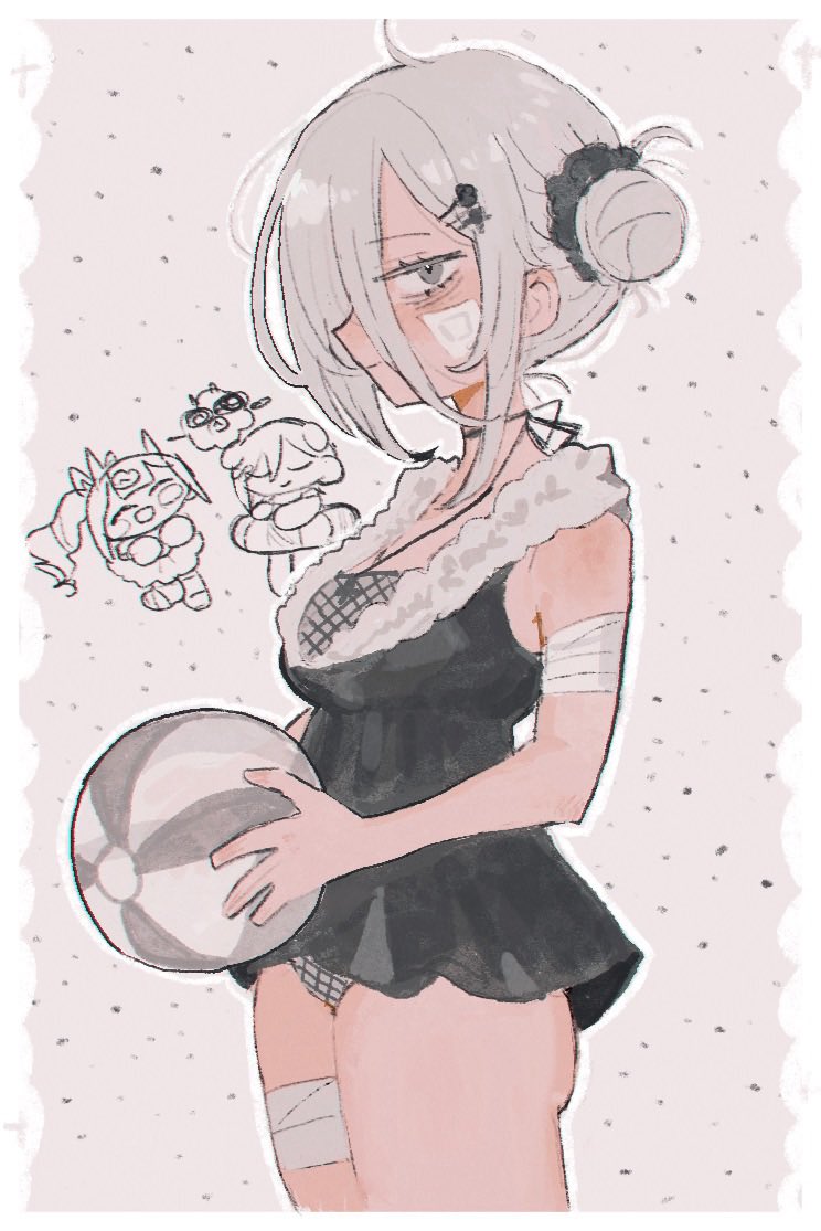 1girl, abeno-shakuji-maya, ball, bandage_on_face, bandaged_arm, bandaged_leg, bandages, beachball