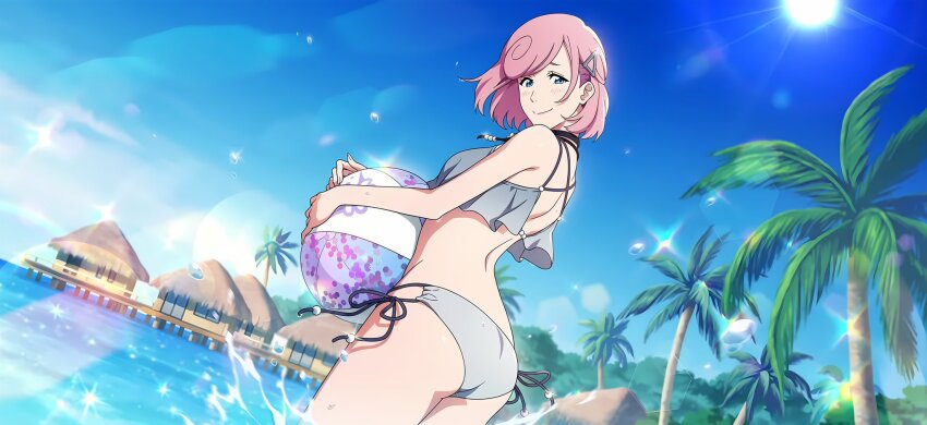 1girl, ass, ball, bare_shoulders, beach, beachball, bikini, bleach, bleach:_brave_souls, blue_eyes, breasts, burn_the_witch, female_focus, hair_ornament, hairclip, highres, holding, holding_ball, holding_beachball, macy_baljure, medium_hair, ocean, official_alternate_costume, official_art, palm_leaf, palm_tree, pink_hair, second-party_source, sky, smile, solo, splashing, standing, string_bikini, sunlight, swimsuit, thighs, tree, water