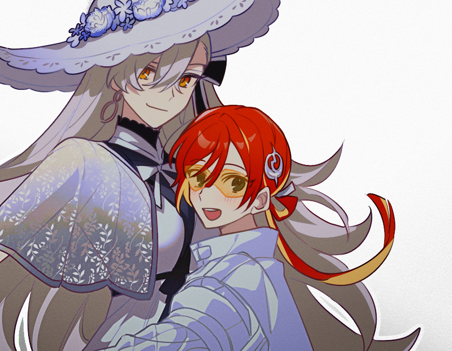 2girls, blonde_hair, blush, closed_mouth, commentary_request, crossed_bangs, dress, fate/grand_order, fate_(series), grey_hair, hair_between_eyes, hat, height_difference, jeunesse_crane_(fate), jeunesse_crane_(third_ascension)_(fate), large_hat, miss_crane_(fate), multicolored_hair, multiple_girls, myg_8028, olga_marie_animusphere, open_mouth, orange_hair, simple_background, smile, sun_hat, two-tone_hair, u-olga_marie, u-olga_marie_(first_ascension), white_background, white_dress, white_hat