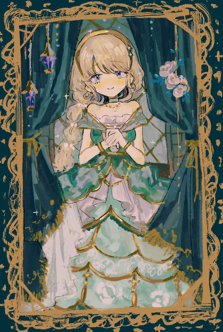 1girl, aqua_eyes, bare_shoulders, blonde_hair, blush, bodice, border, bracelet